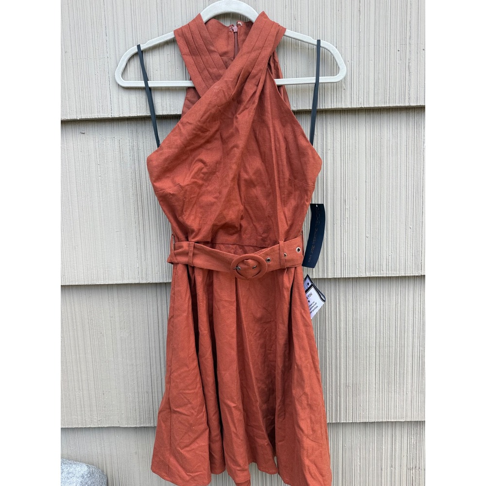 Rachel Rachel Roy Rust Orange Halter Mini Dress Belted Cross Front Size 12 NEW
